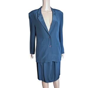 Talbots Silk Skirt Suit Navy Blue 6/8 Career Business Wedding Guest Preppy Luxe